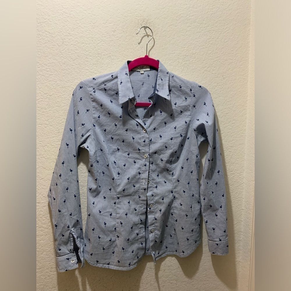valentina’s vlt Womens Casual Button Up Shirt Size S flamingo Print Blue